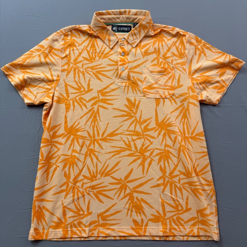 Seapointe Mens XL Polo Shirt Orange Peach Tropical Bamboo Leaf Print Pique Knit